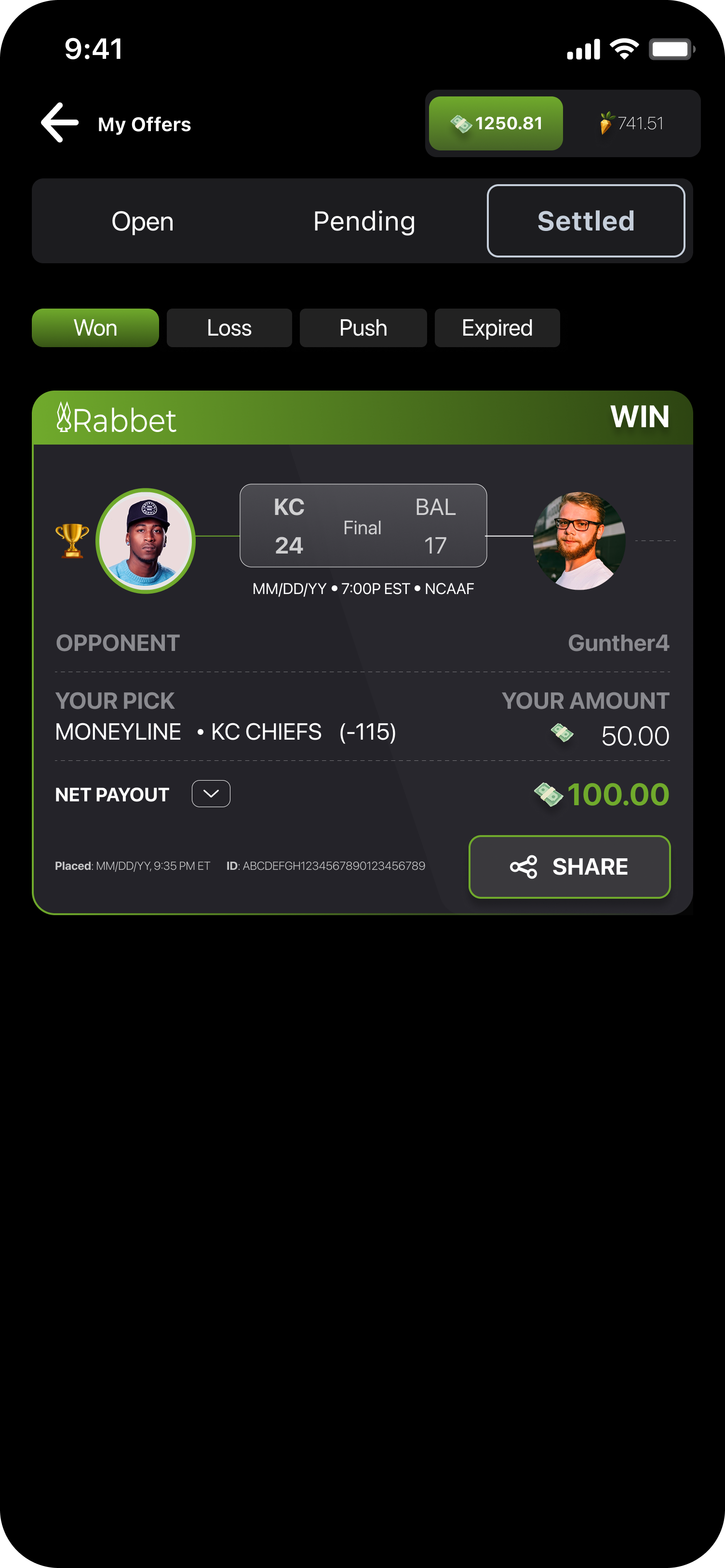 Settled win screen